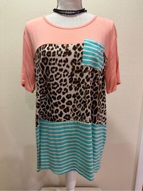 NWT HAPTICS Coral, Leopard & Aqua Stripe Mixed-Print Top
